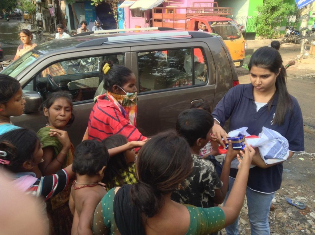 Suchitra S Rao distributing relief supplies to People during Chennai Floods 2015